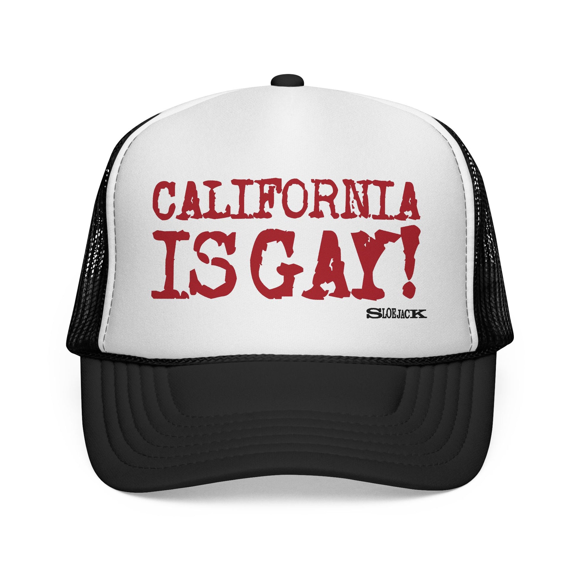 "CALIFORNIA IS GAY" BLACK/WHITE TRUCKER CAP