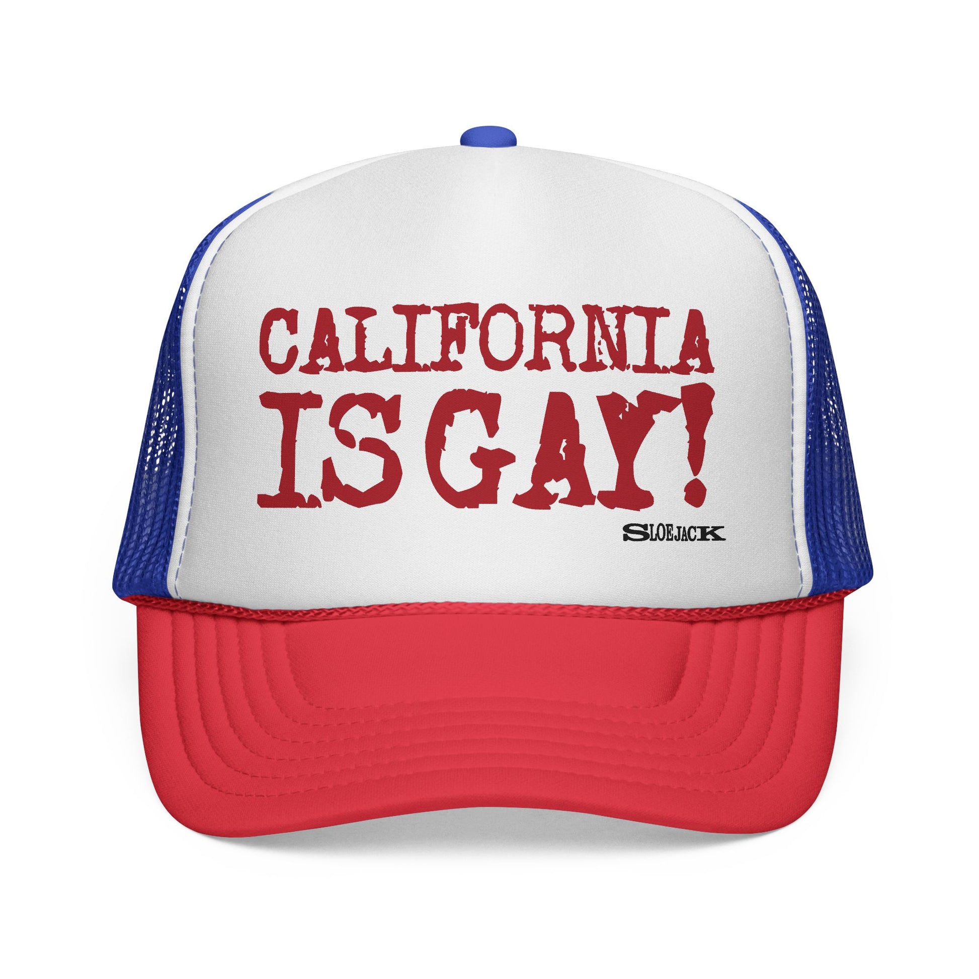 "CALIFORNIA IS GAY" BLUE/RED TRUCKER CAP
