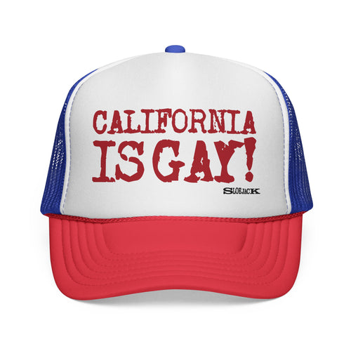 "CALIFORNIA IS GAY" BLUE/RED TRUCKER CAP